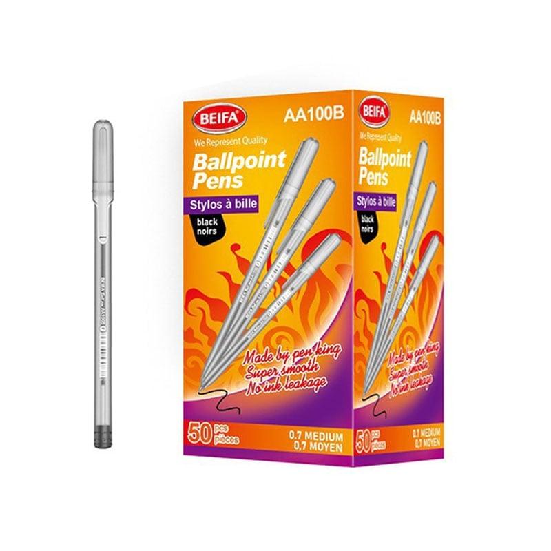 Beifa Химикалка AA100B-50B1, 0.7 mm, прозрачна, черно мастило, 50 броя