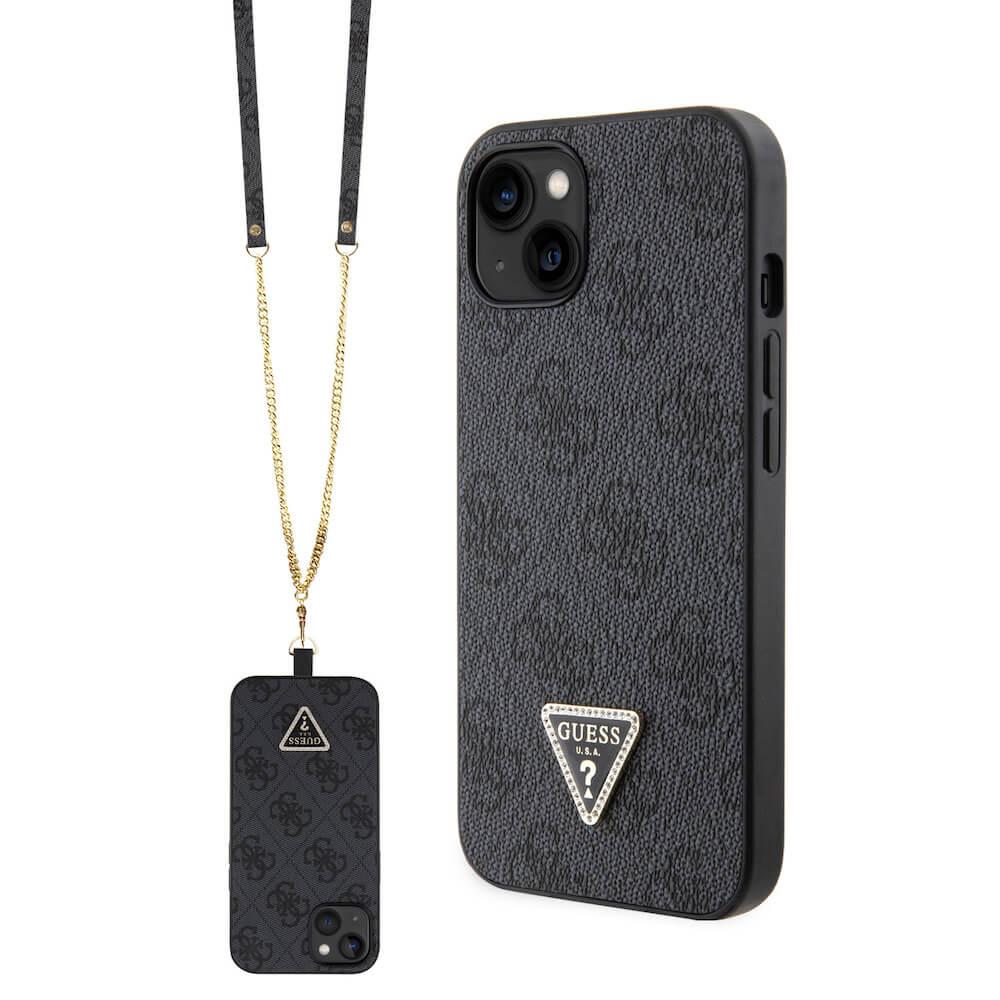 Дизайнерски кожен кейс с връзка за носене през врата за iPhone 15 - Guess PU 4G Strass Triangle Metal Logo Case With Crossbody Strap (черен) | JAR Computers Дизайнерски кожен кейс с връзка за носене през врата за iPhone 15 - Guess PU 4G Strass Triangle Metal Logo Case With Crossbody Strap (черен)