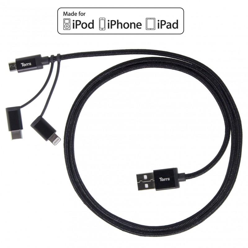 Изключително здрав кевларен кабел за iPhone, iPad, iPod с Lightning, устройства с microUSB и USB-C (1 метър) - Torrii KeVable 3-in-1 Universal USB Cable (1 meter) (черен) | JAR Computers Изключително здрав кевларен кабел за iPhone, iPad, iPod с Lightning, устройства с microUSB и USB-C (1 метър) - Torrii KeVable 3-in-1 Universal USB Cable (1 meter) (черен)