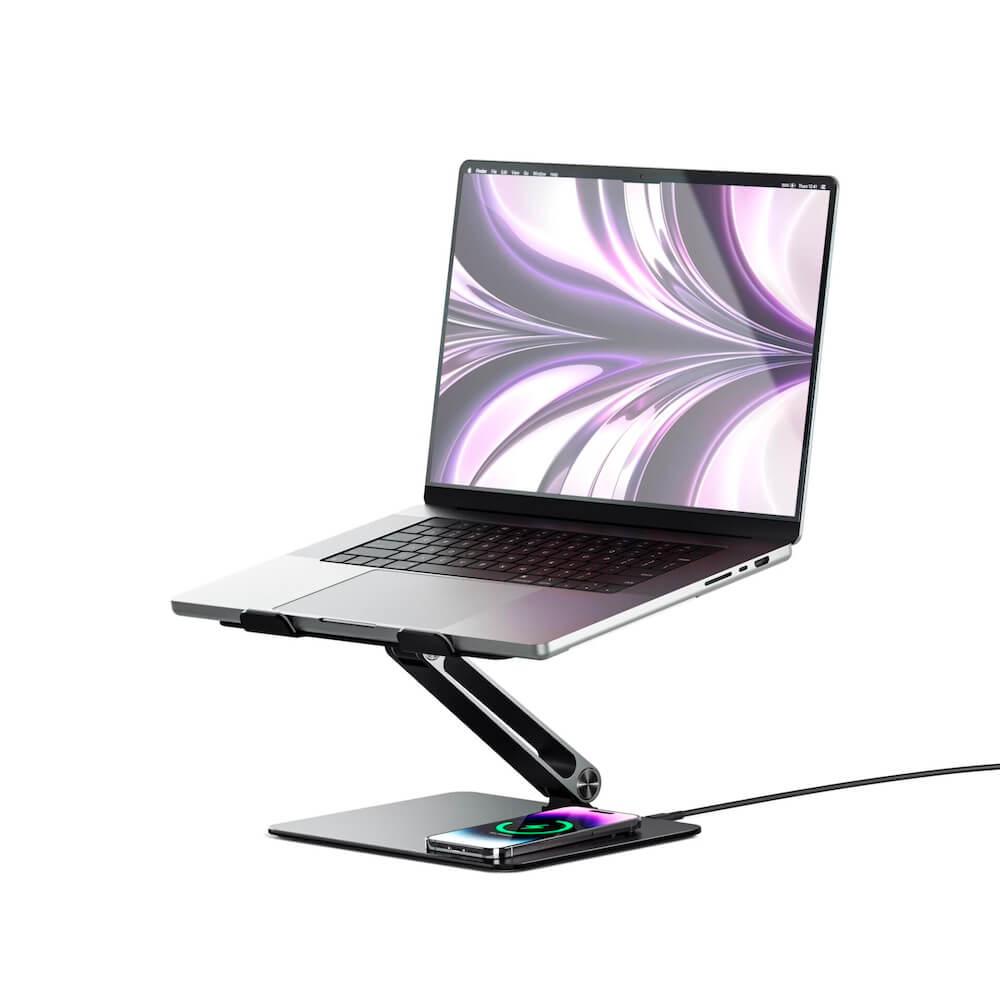 Alogic Elite Aluminum Laptop Stand With Wireless Charger 10W - сгъваема алуминиева поставка за MacBook и лаптопи от 11 до 17 инча и пад за безжично зареждане на Qi съвместими устройства (черен)