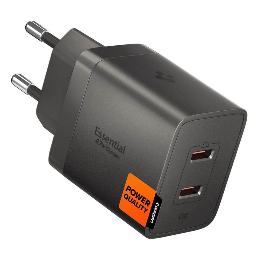 Захранване за ел. мрежа с 2xUSB-C PD изходи с технология за бързо зареждане - Spigen ArcStation Essential Dual USB-C Wall Charger 47W (тъмносив) | JAR Computers Захранване за ел. мрежа с 2xUSB-C PD изходи с технология за бързо зареждане - Spigen ArcStation Essential Dual USB-C Wall Charger 47W (тъмносив)