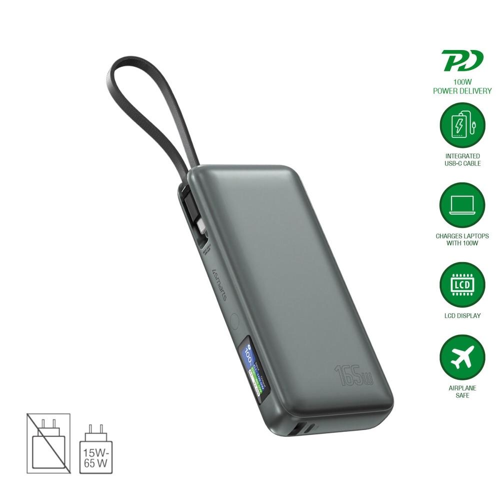 Външна батерия с USB-A и USB-C портове и вграден USB-C кабел - 4smarts Power Bank Enterprise 20000 mAh 165W (тъмносив) | JAR Computers Външна батерия с USB-A и USB-C портове и вграден USB-C кабел - 4smarts Power Bank Enterprise 20000 mAh 165W (тъмносив)