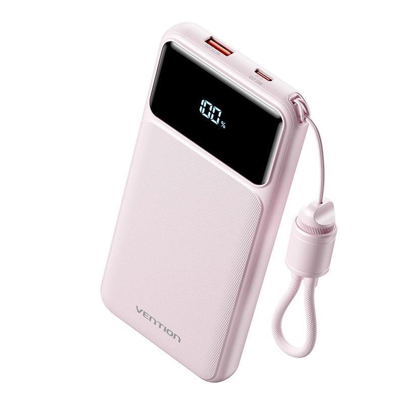 VENTION 10000mAh Power Bank (USB-C + USB-A) with Built-in Cable 22.5W Pink LED Display Type (XGYP0-39-TY) (VENXGYP0-39-TY)