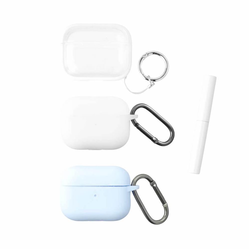 4smarts Omega AirPods Pro Case Set - комплект калъфи с карабинер и ключодържател за Apple AirPods Pro 2, AirPods Pro (прозрачен, бял и светлосин)