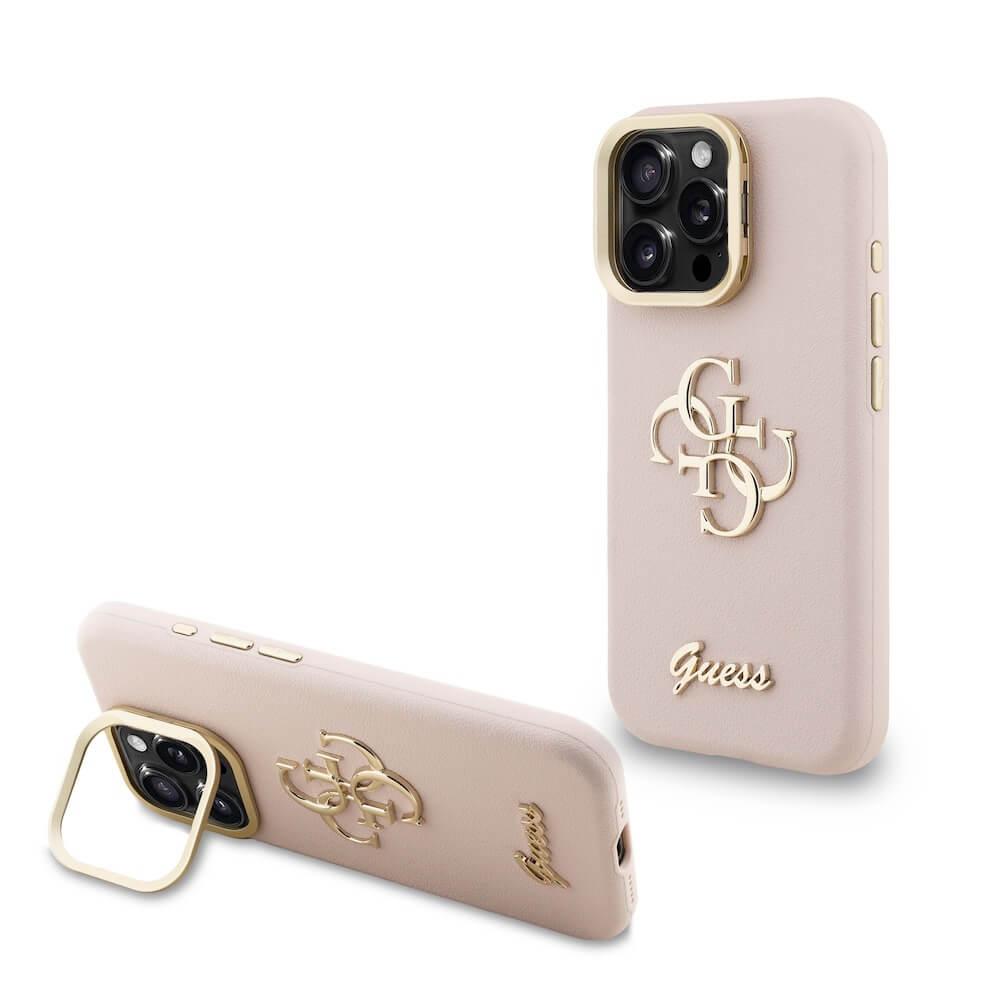 Дизайнерски кожен кейс с вградена поставка за iPhone 16 Pro Max - Guess PU 4G Grained Logo Stand Hard Case (розов) | JAR Computers Дизайнерски кожен кейс с вградена поставка за iPhone 16 Pro Max - Guess PU 4G Grained Logo Stand Hard Case (розов)