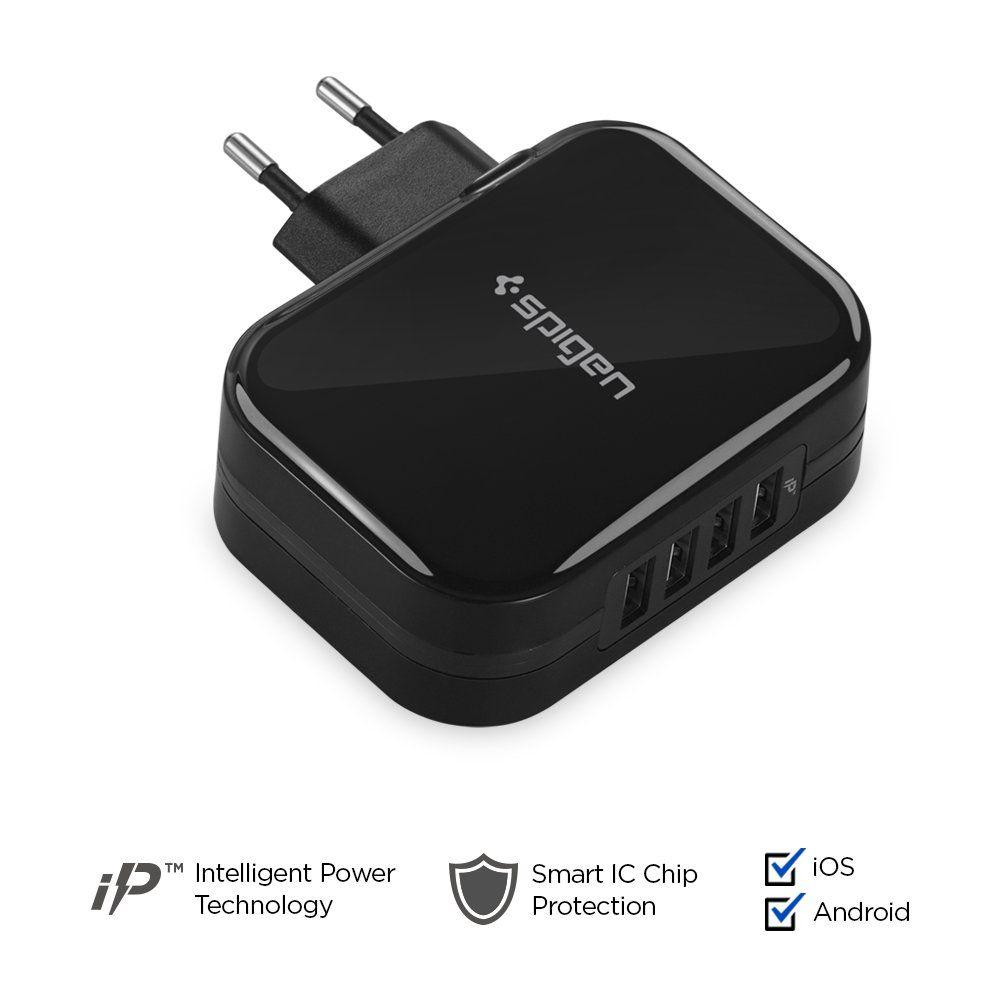 Захранване за ел. мрежа с 4xUSB изхода за зареждане на мобилни устройства - Spigen F401 4-port USB Wall Charger (черен) | JAR Computers Захранване за ел. мрежа с 4xUSB изхода за зареждане на мобилни устройства - Spigen F401 4-port USB Wall Charger (черен)