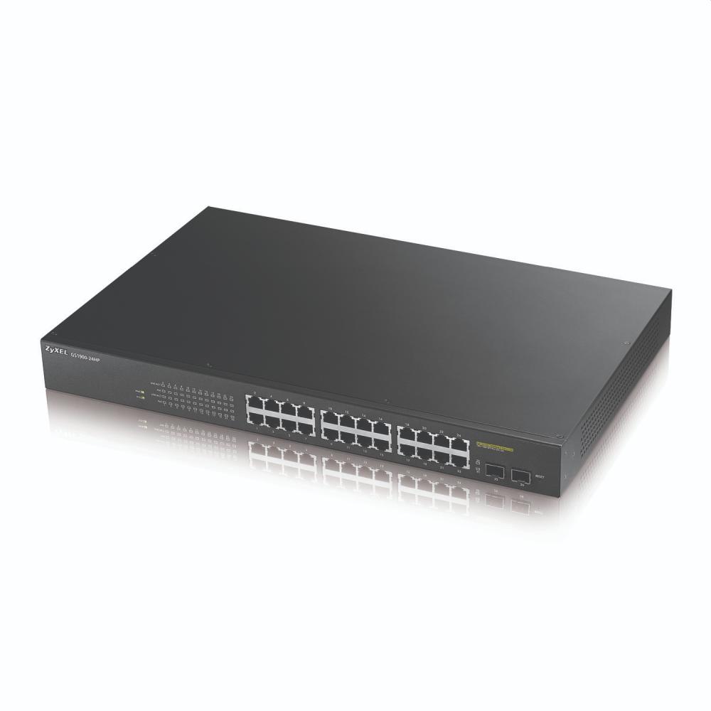 ZyXEL GS1900-24HP v2, 24-port GbE L2 PoE + 2 x GbE SFP slots, Smart Switch, rackmount, 170 Watt + 2x Lanberg patch cord CAT.6 FTP 3m, red