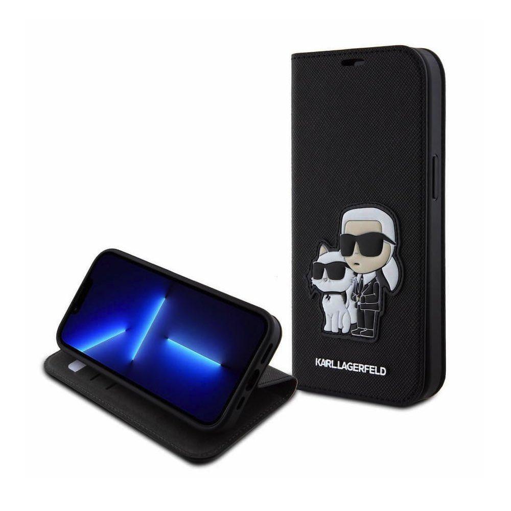 Дизайнерски кожен калъф, тип портфейл за iPhone 15 - Karl Lagerfeld PU Saffiano Karl and Choupette NFT Book Case (черен) | JAR Computers Дизайнерски кожен калъф, тип портфейл за iPhone 15 - Karl Lagerfeld PU Saffiano Karl and Choupette NFT Book Case (черен)