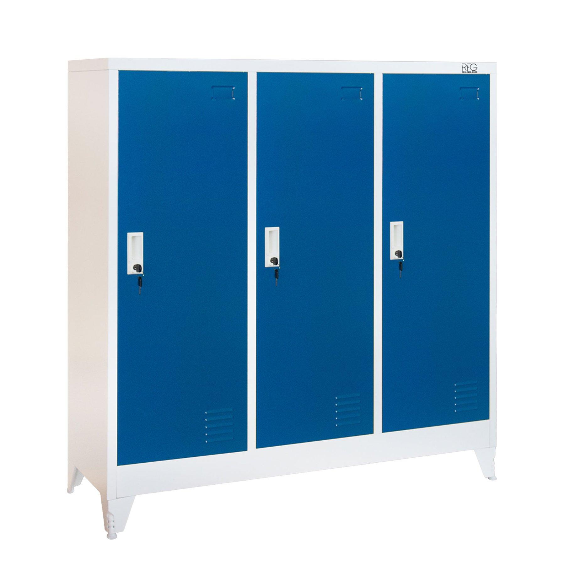 Гардероб RFG, метален, троен, с три врати, 120 х 40 х 120 cm, бял, със сини врати