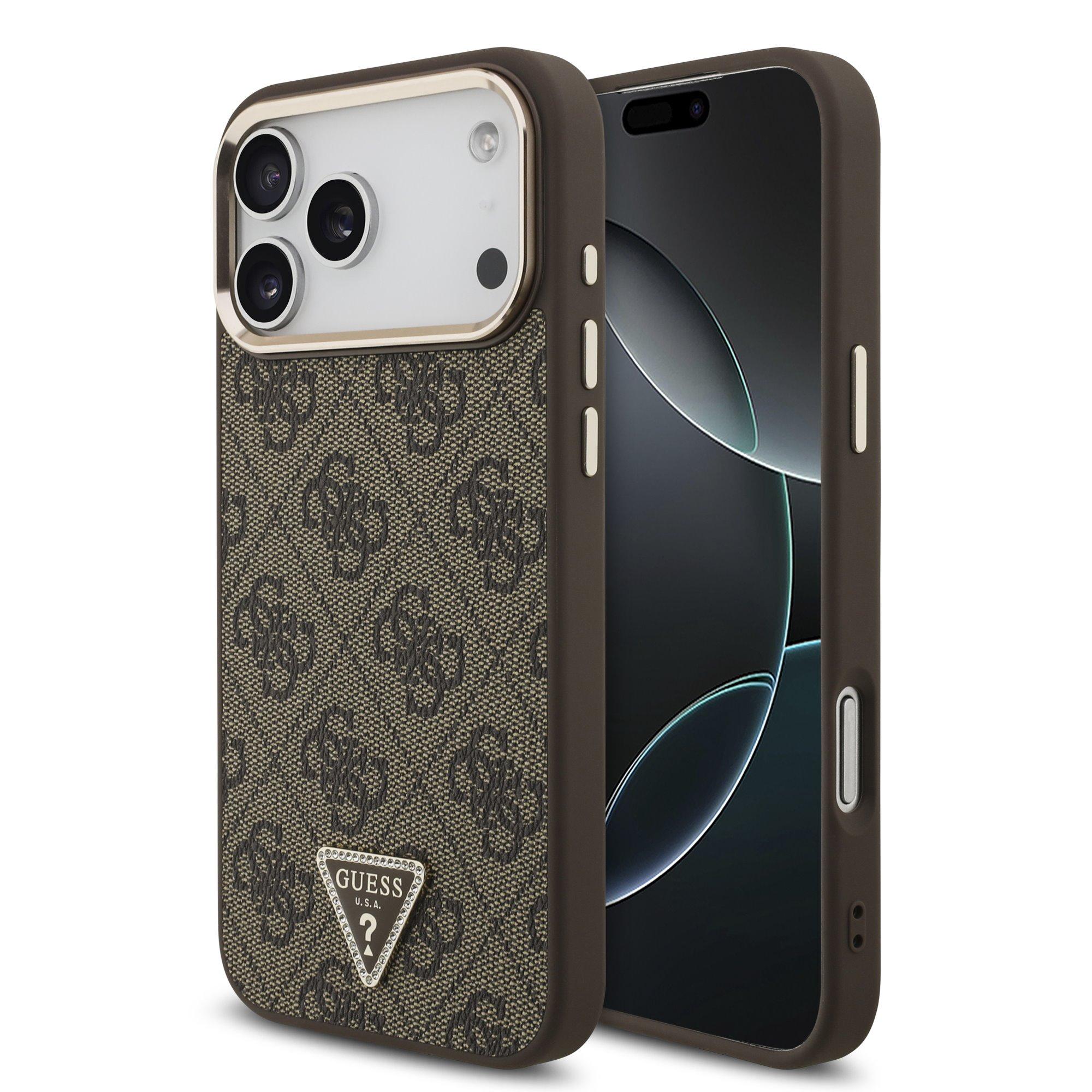GUESS Калъф Apple iPhone 18 Pro Max, PU 4G Strass Triangle Logo Gold Frame MagSafe ,кафяв - GUHMP18XP4GTDGMW | JAR Computers GUESS Калъф Apple iPhone 18 Pro Max, PU 4G Strass Triangle Logo Gold Frame MagSafe ,кафяв - GUHMP18XP4GTDGMW