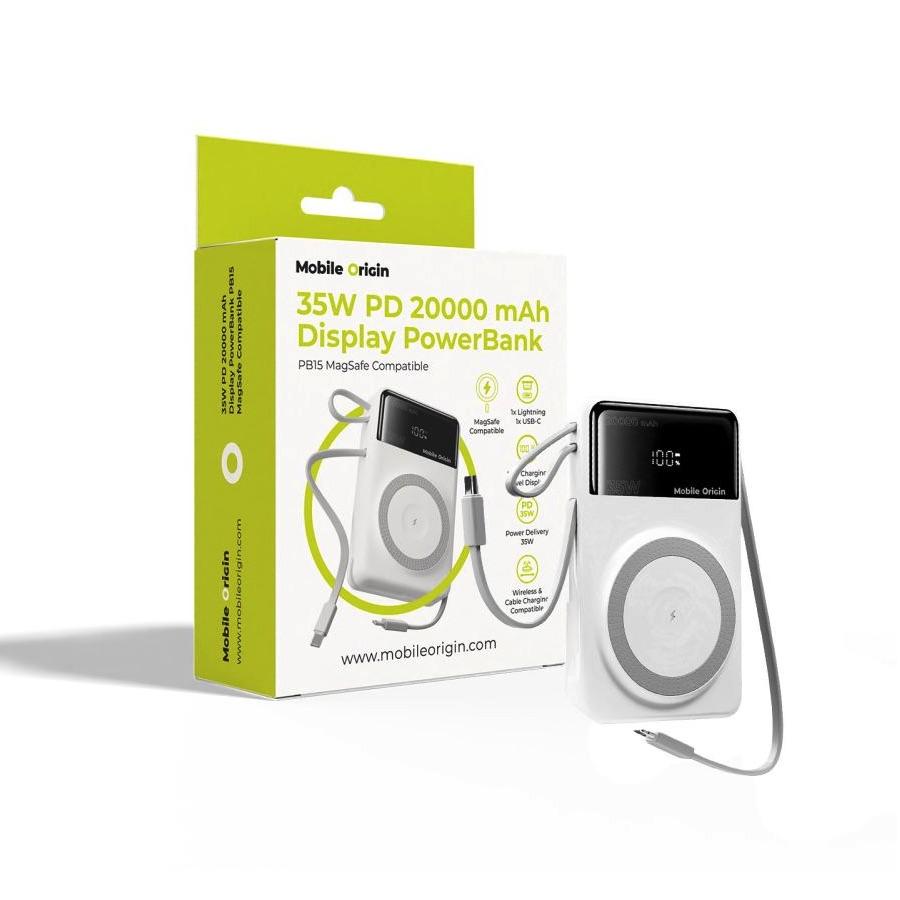 Преносима външна батерия с вграден USB-C и Lightning кабел и USB-C, USB-А портове и безжично зареждане с MagSafe - Mobile Origin PB15 Digital Display Magnetic Power Bank 20000 mAh 35W (бял) | JAR Computers Преносима външна батерия с вграден USB-C и Lightning кабел и USB-C, USB-А портове и безжично зареждане с MagSafe - Mobile Origin PB15 Digital Display Magnetic Power Bank 20000 mAh 35W (бял)