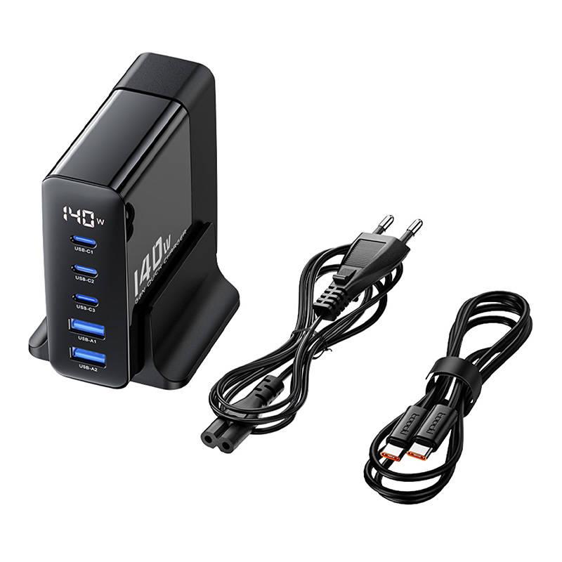 Захранване за ел. мрежа за лаптопи, смартфони и таблети с 2xUSB-A и 3xUSB-C изходи с технология за бързо зареждане и USB-C кабел (черен) - Toocki GaN Fast Wall Charger 140W | JAR Computers Захранване за ел. мрежа за лаптопи, смартфони и таблети с 2xUSB-A и 3xUSB-C изходи с технология за бързо зареждане и USB-C кабел (черен) - Toocki GaN Fast Wall Charger 140W