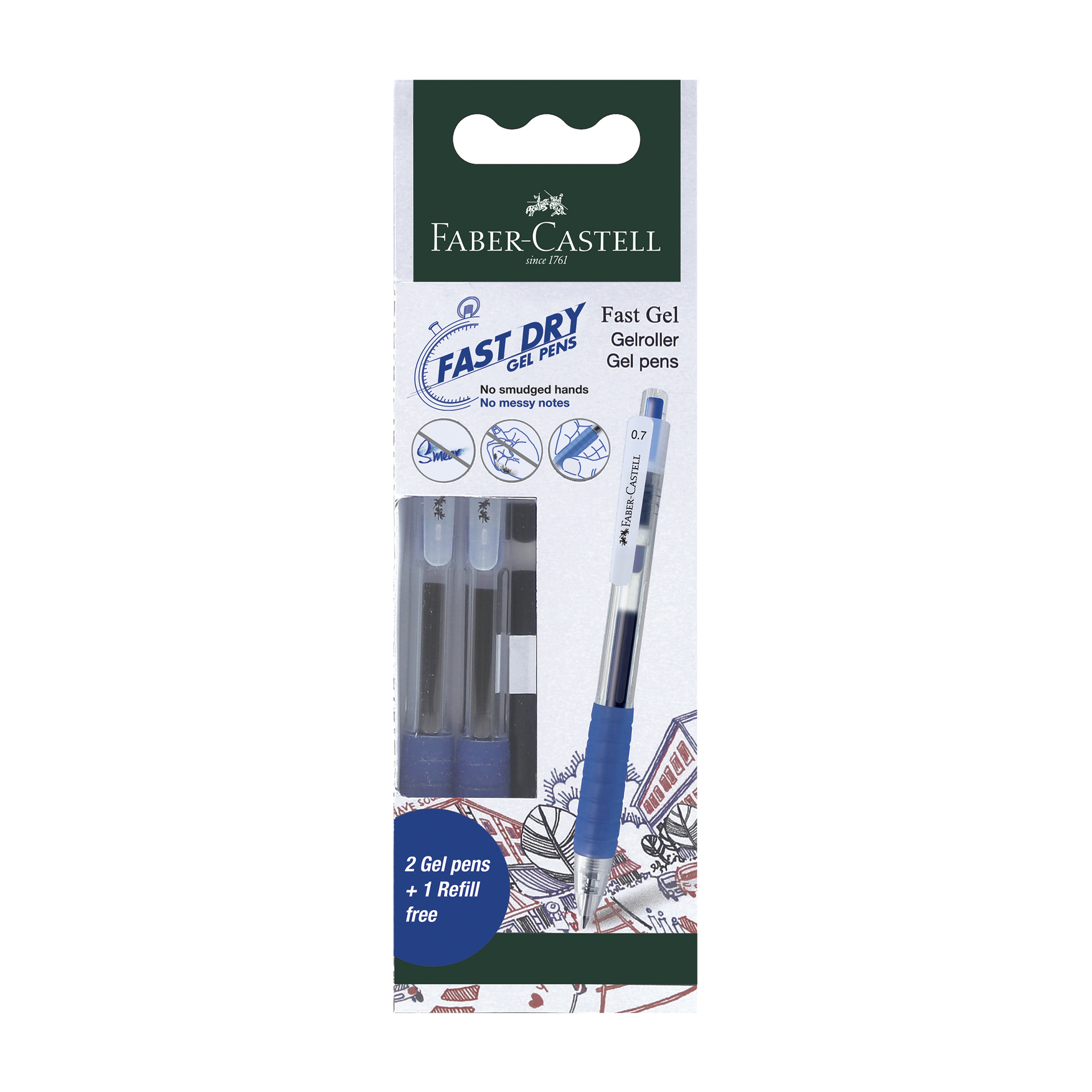 Faber-Castell Ролер Fast Gel, автоматичен, 0.7 mm, син, 2 броя, с допълнителен пълнител
