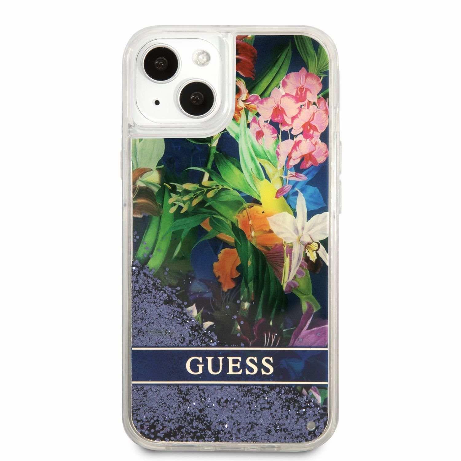 Дизайнерски кейс с висока защита за iPhone 13 mini - Guess Liquid Glitter Flower Case (син) | JAR Computers Дизайнерски кейс с висока защита за iPhone 13 mini - Guess Liquid Glitter Flower Case (син)