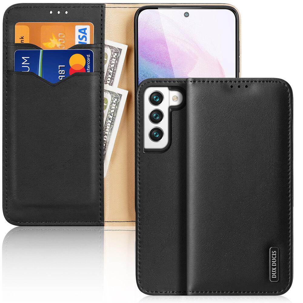 Кожен калъф от естествена кожа с поставка и отделение за кр. карти за Samsung Galaxy S22 - Dux Ducis Hivo Genuine Leather Flip Wallet Case (черен) | JAR Computers Кожен калъф от естествена кожа с поставка и отделение за кр. карти за Samsung Galaxy S22 - Dux Ducis Hivo Genuine Leather Flip Wallet Case (черен)