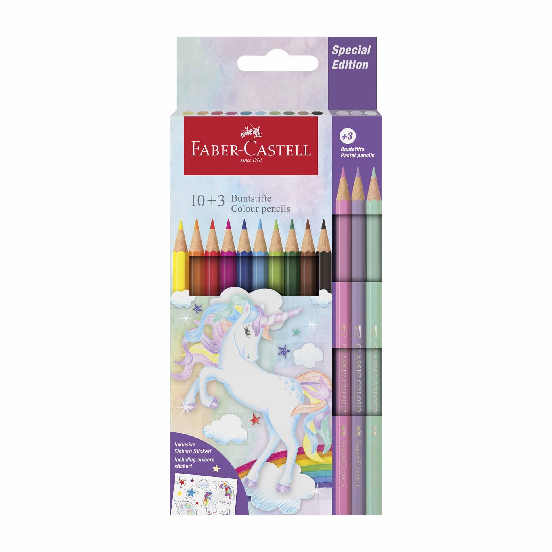 Faber-Castell Цветни моливи Grip 2001 - Еднорог, 10 стандартни и 3 пастелни цвята