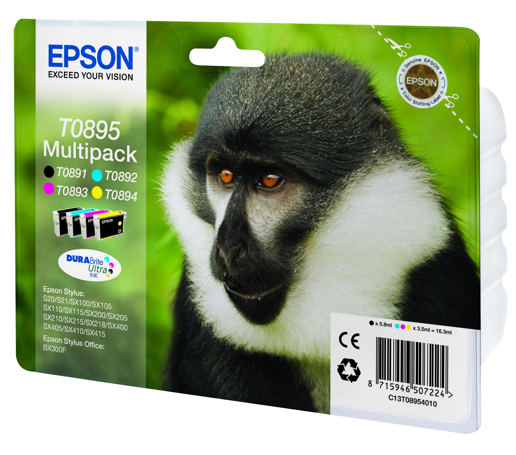 Epson Monkey T0895 Маймуна – комбиниран комплект мастила DURABrite Ultra с 4 цвята | JAR Computers Epson Monkey T0895 Маймуна – комбиниран комплект мастила DURABrite Ultra с 4 цвята