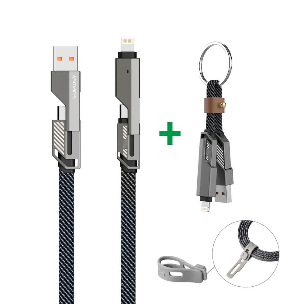 4smarts USB-C Flat ComboCord Cable 240W With Keyring Cable Set - комплект многофункционален кабел за USB-C, Lightning и USB-A стандарти и кабел тип ключодържател (150 см) (тъмносив) 