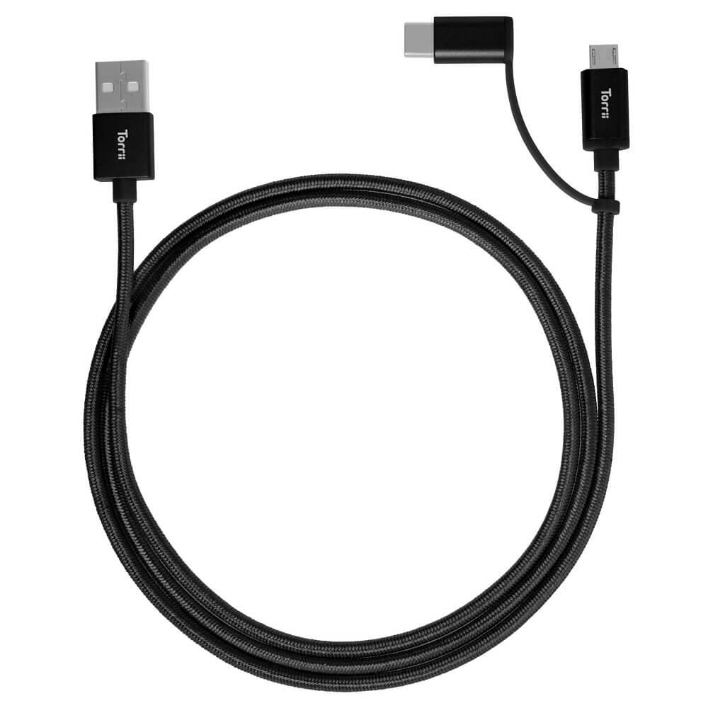 Изключително здрав кевларен кабел за устройства с microUSB и USB-C (1 метър) - Torrii KeVable 2-in-1 Universal USB Cable (1 meter) (черен) | JAR Computers Изключително здрав кевларен кабел за устройства с microUSB и USB-C (1 метър) - Torrii KeVable 2-in-1 Universal USB Cable (1 meter) (черен)