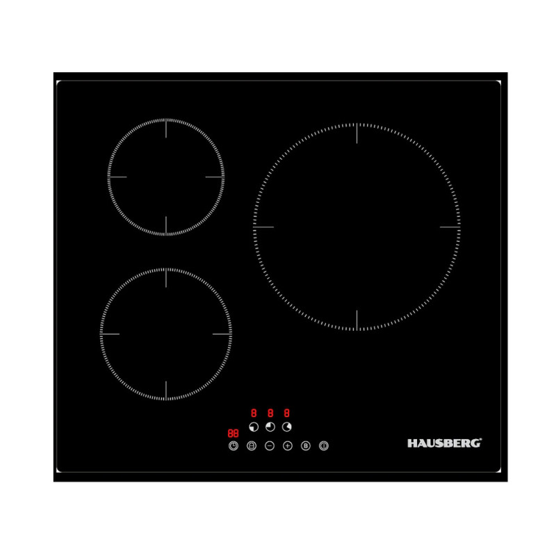 Индукционен плот за вграждане Hausberg HB-1530, 6000 W, 9 степени, 3 зони, 60 см, Touch Screen, PowerBoost, Клас А, Черен