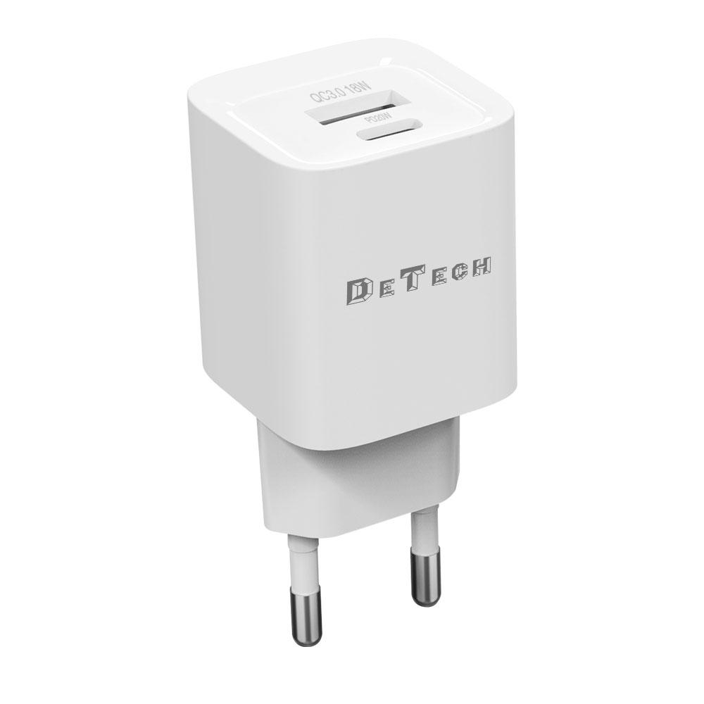 Мрежово зарядно устройство DeTech DE-60, 20W, 1 x Type-C F, 1 x USB F, PD, QC, Бял - 40543 | JAR Computers Мрежово зарядно устройство DeTech DE-60, 20W, 1 x Type-C F, 1 x USB F, PD, QC, Бял - 40543