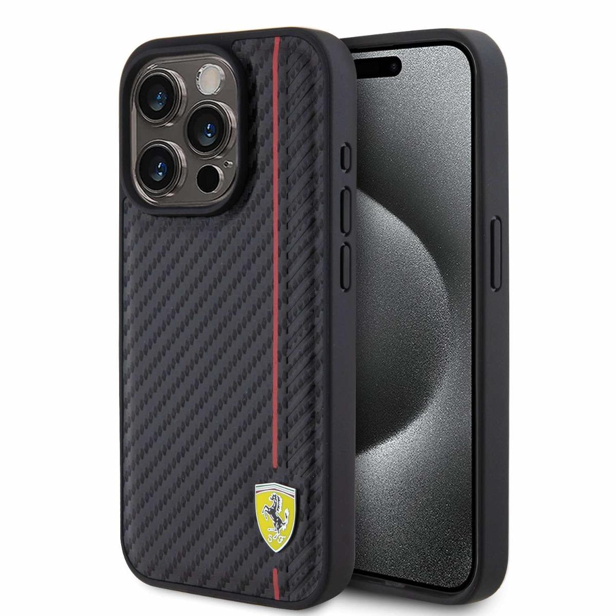 Дизайнерски кожен кейс за iPhone 15 Pro - Ferrari PU Leather Carbon Vertical Red Line Case (черен) | JAR Computers Дизайнерски кожен кейс за iPhone 15 Pro - Ferrari PU Leather Carbon Vertical Red Line Case (черен)
