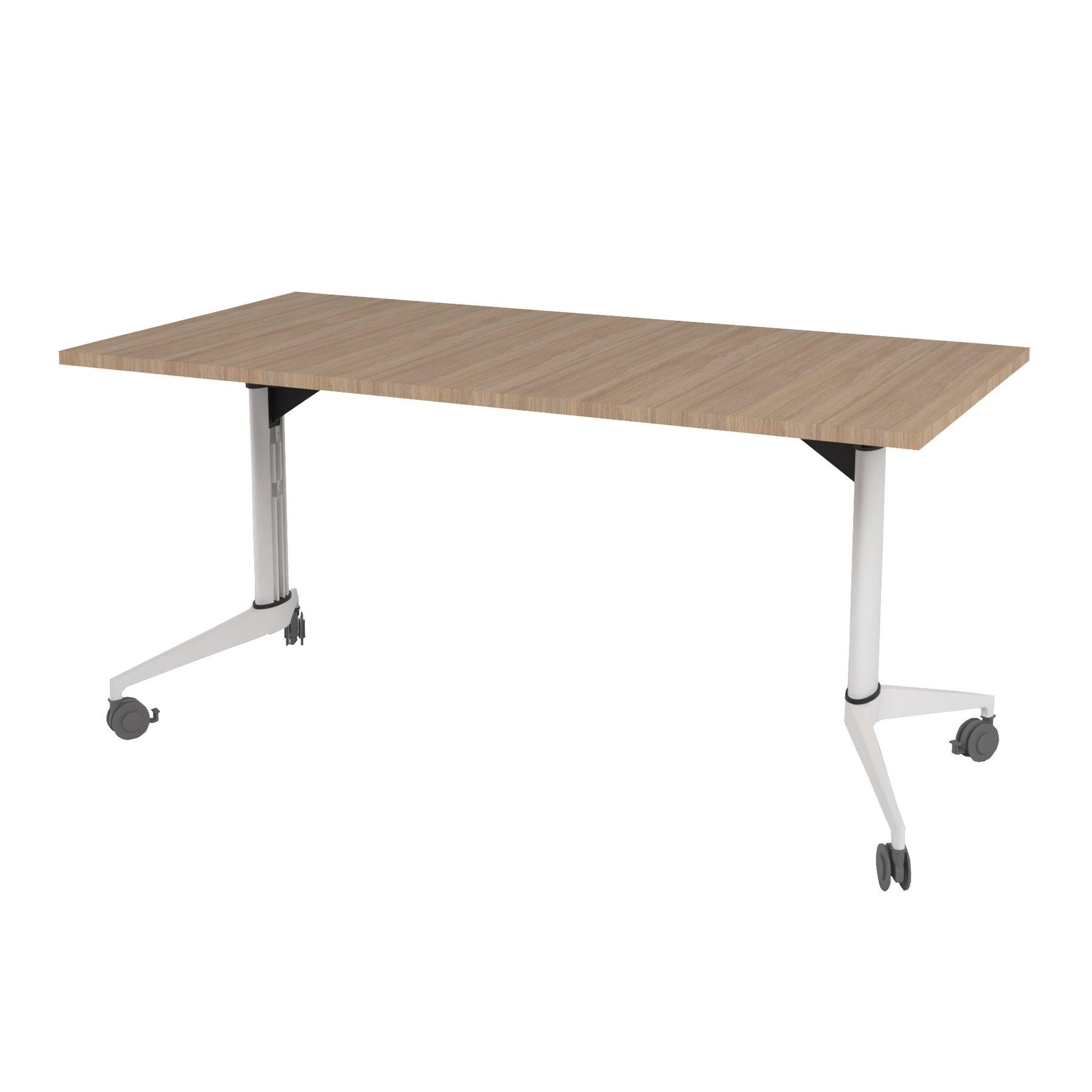 Конферентна маса RFG Flip, 140 x 80 x 74 cm, мобилна, сгъваема, правоъгълен плот, ПДЧ 25 mm, кехлибарен дъб, бели метални крака