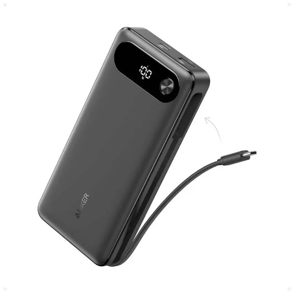 Външна батерия с вграден USB-C кабел, USB-C и USB-A портове и технология за бързо зареждане - Anker Power Bank With USB-C Cable 87W 20000 mAh (черен) | JAR Computers Външна батерия с вграден USB-C кабел, USB-C и USB-A портове и технология за бързо зареждане - Anker Power Bank With USB-C Cable 87W 20000 mAh (черен)