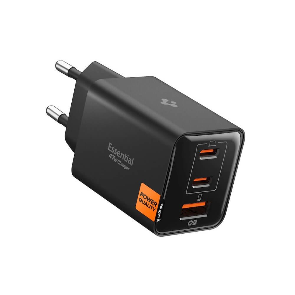 Захранване за ел. мрежа за лаптопи, смартфони и таблети с USB-A и 2xUSB-C изходи с технология за бързо зареждане - Spigen Essential GaN Fast Wall Charger 47W (EE473EU) (черен) | JAR Computers Захранване за ел. мрежа за лаптопи, смартфони и таблети с USB-A и 2xUSB-C изходи с технология за бързо зареждане - Spigen Essential GaN Fast Wall Charger 47W (EE473EU) (черен)