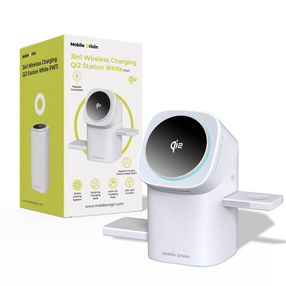 Преносима тройна поставка (пад) за безжично зареждане за iPhone с MagSafe, Apple Watch, AirPods и Qi съвместими мобилни устройства - Mobile Origin PW11 3-in-1 MagSafe Qi2 Charging Station (бял) | JAR Computers Преносима тройна поставка (пад) за безжично зареждане за iPhone с MagSafe, Apple Watch, AirPods и Qi съвместими мобилни устройства - Mobile Origin PW11 3-in-1 MagSafe Qi2 Charging Station (бял)