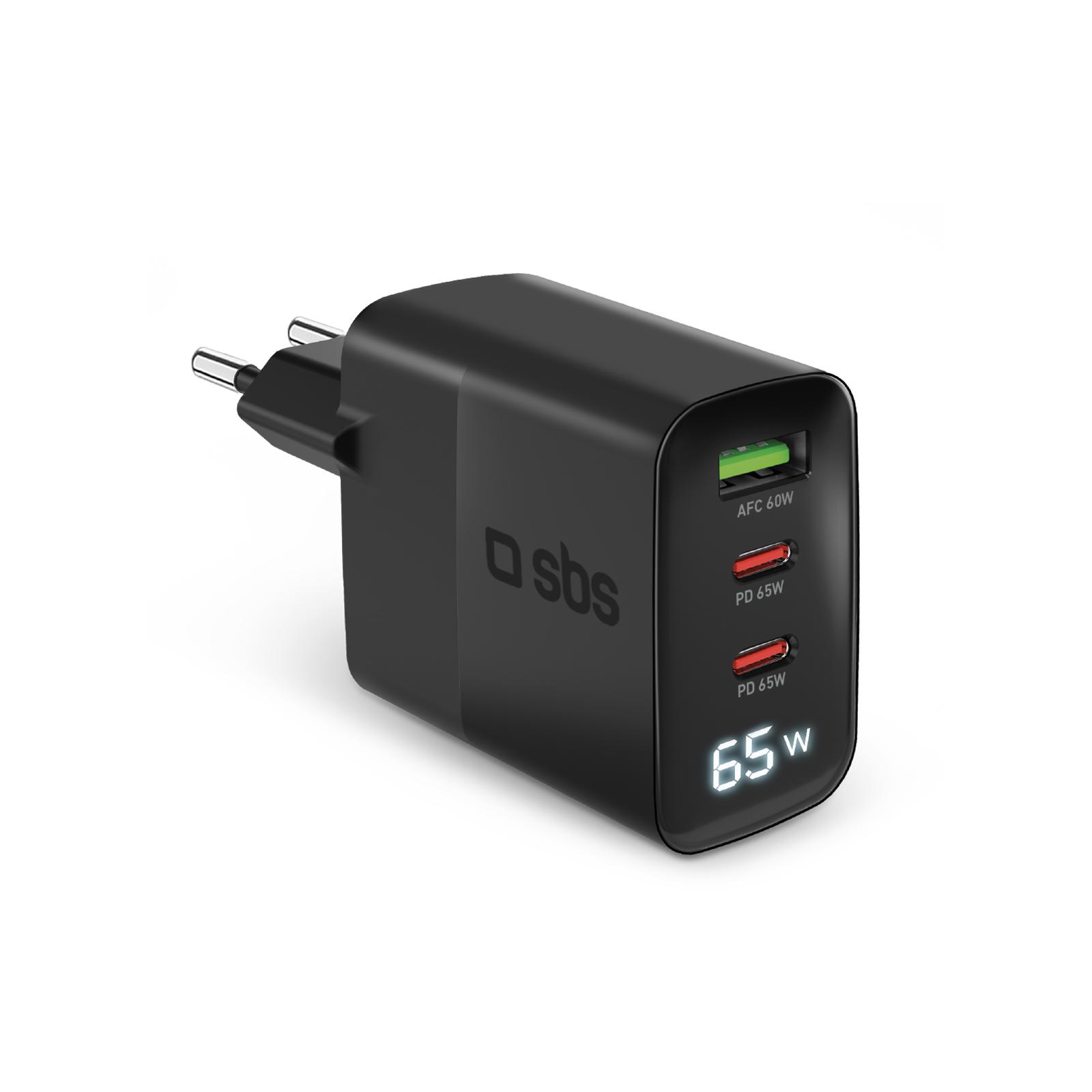 Мрежово зарядно SBS 81468 PD65W GaN,  2xUSB-C 65W+ 1xUSB AFC 60W + LCD екран, черно