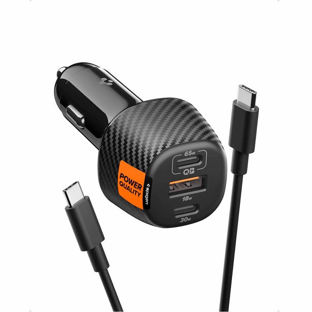 Зарядно за кола с 2xUSB-C и USB-A изходи с технология за бързо зареждане и USB-C към USB-C кабел - Spigen EV1133 Essential Triple Quick Car Charger 113W (черен) | JAR Computers Зарядно за кола с 2xUSB-C и USB-A изходи с технология за бързо зареждане и USB-C към USB-C кабел - Spigen EV1133 Essential Triple Quick Car Charger 113W (черен)