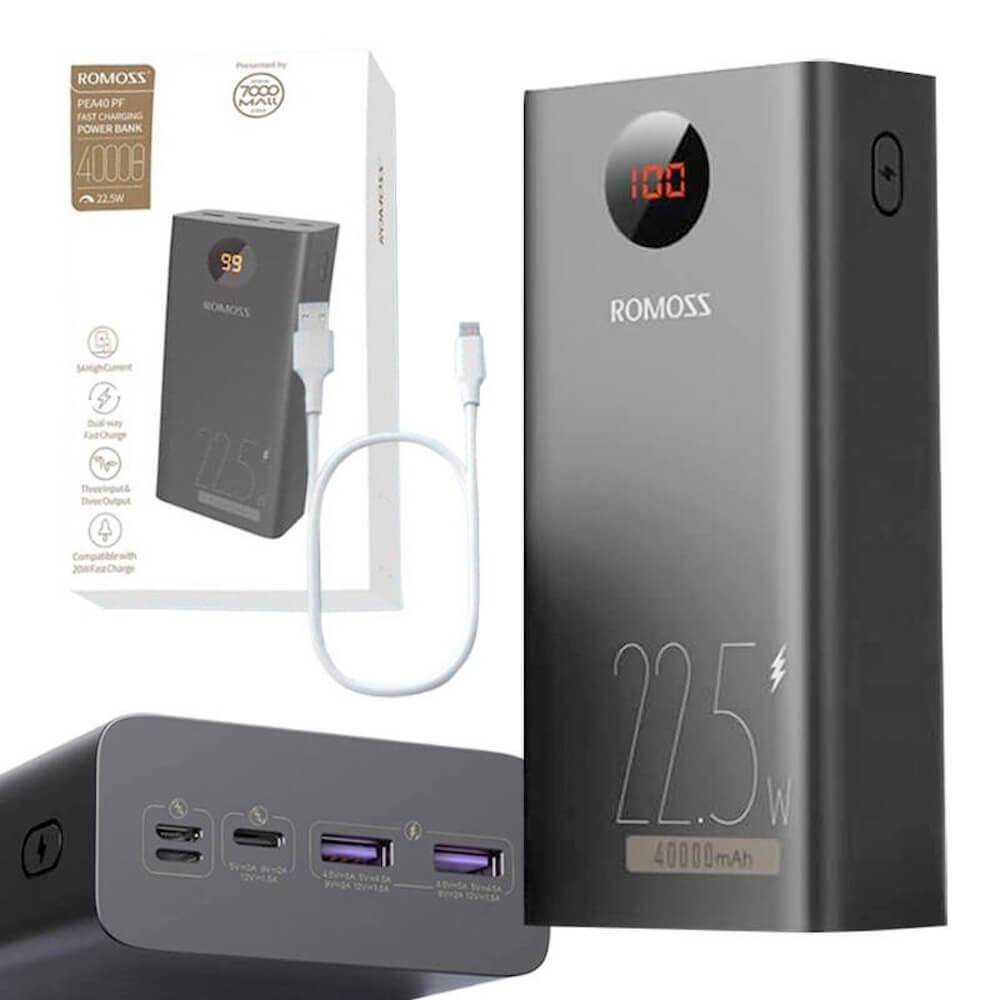 Външна батерия с два USB-A и един USB-C изходи и технология за бързо зареждане - Romoss PEA40PF Digital Display Power Bank 22.5W 40000 mAh (черен) | JAR Computers Външна батерия с два USB-A и един USB-C изходи и технология за бързо зареждане - Romoss PEA40PF Digital Display Power Bank 22.5W 40000 mAh (черен)