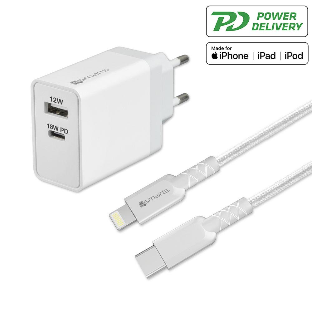 Захранване за ел. мрежа с USB-C кабел - 4smarts Wall Charger Set VoltPlug MFI 18W Plus 12W with USB-C Cable (бял) | JAR Computers Захранване за ел. мрежа с USB-C кабел - 4smarts Wall Charger Set VoltPlug MFI 18W Plus 12W with USB-C Cable (бял)