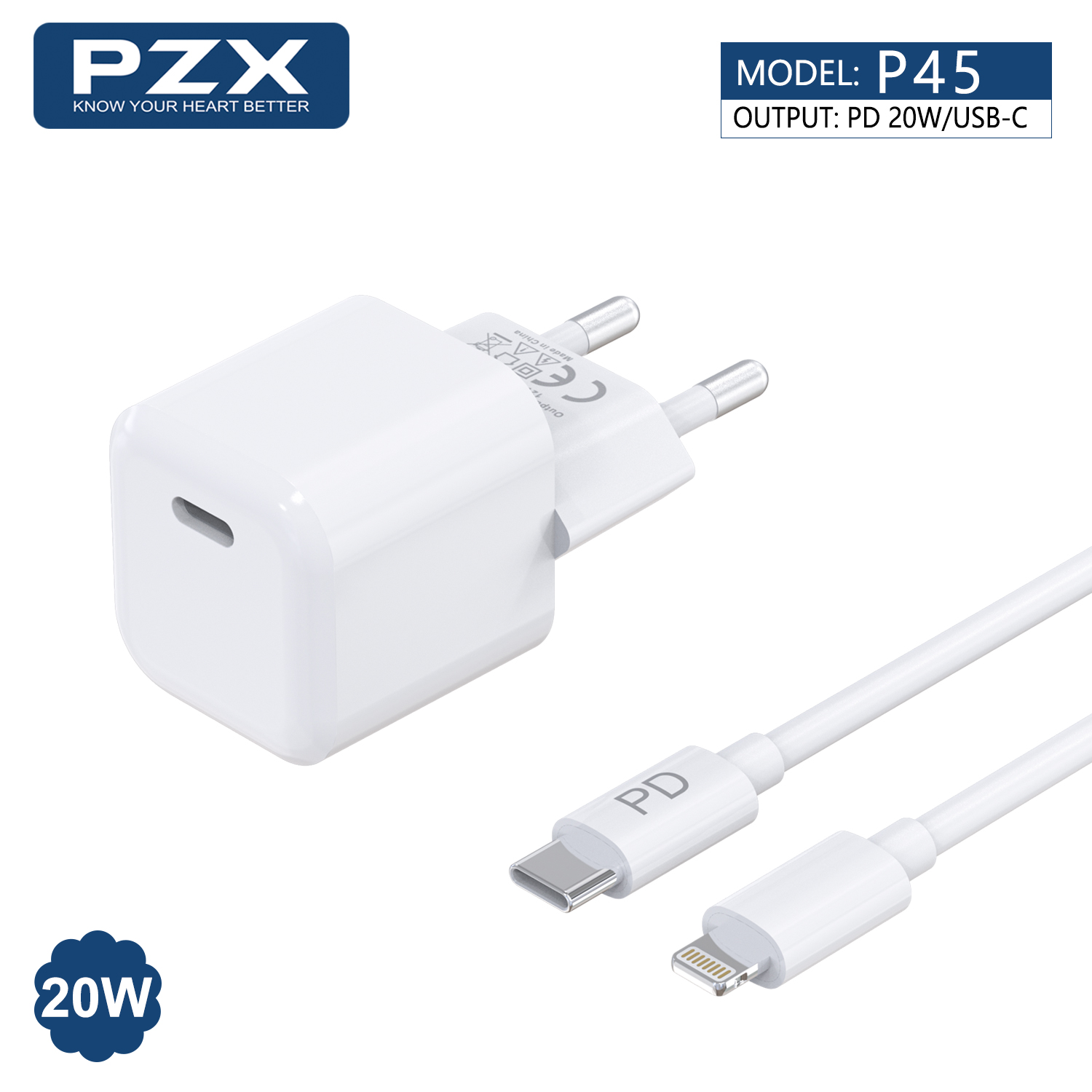 Зар. у-ство 220V PZX P45 PD charge 20W с кабел Type C - Lightning | JAR Computers Зар. у-ство 220V PZX P45 PD charge 20W с кабел Type C - Lightning