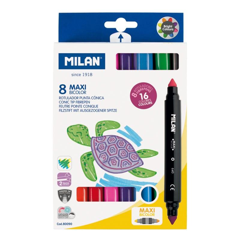Milan Флумастери Maxi Bicolour, 8 броя, 16 цвята | JAR Computers Milan Флумастери Maxi Bicolour, 8 броя, 16 цвята