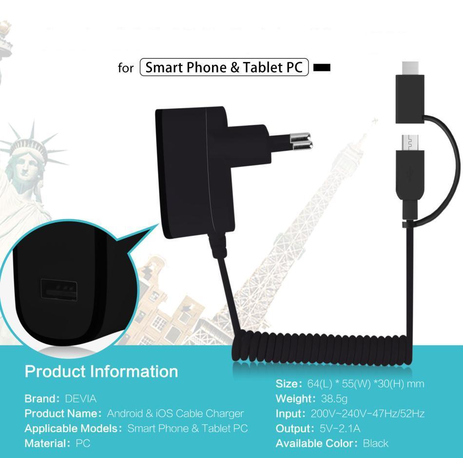 Захранване за ел. мрежа с вградени кабели с microUSB и USB-C стандарти - Devia Cable Charger MicroUSB+USB-C | JAR Computers Захранване за ел. мрежа с вградени кабели с microUSB и USB-C стандарти - Devia Cable Charger MicroUSB+USB-C
