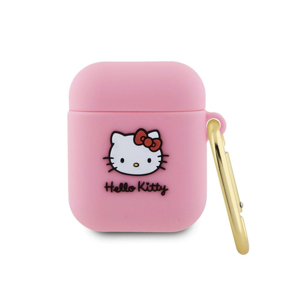Hello Kitty AirPods Liquid Silicone 3D Kitty Head Logo Case - силиконов калъф с карабинер за Apple AirPods и Apple AirPods 2 (розов)