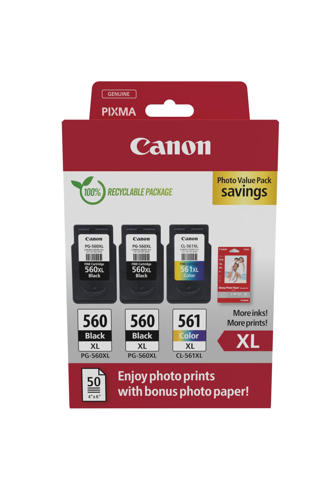 Комплект 3 глави и 50 броя фотохартия за Canon Pixma TS5350/TS7400/TS5400 Series - Ink - HIGH CAPACITY - PG560XL (PG-560XL) / CL561XL (CL-561XL) / 3712C012 - 2xBK/C/M/Y - XL - Multipack - PN 3712C012 | JAR Computers Комплект 3 глави и 50 броя фотохартия за Canon Pixma TS5350/TS7400/TS5400 Series - Ink - HIGH CAPACITY - PG560XL (PG-560XL) / CL561XL (CL-561XL) / 3712C012 - 2xBK/C/M/Y - XL - Multipack - PN 3712C012