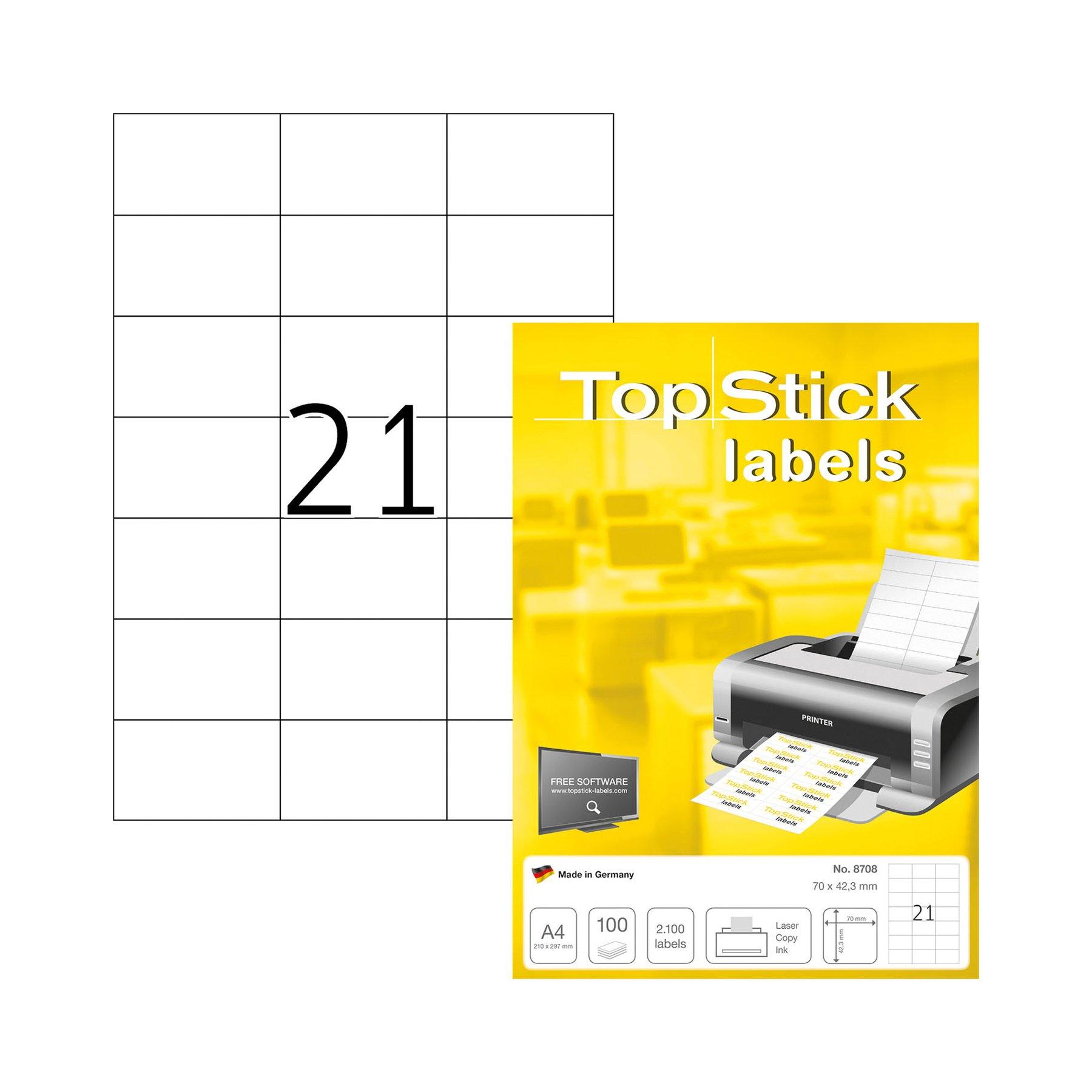 Top Stick Самозалепващи се етикети, A4, 70 х 42.3 mm, 21 броя, 100 листа