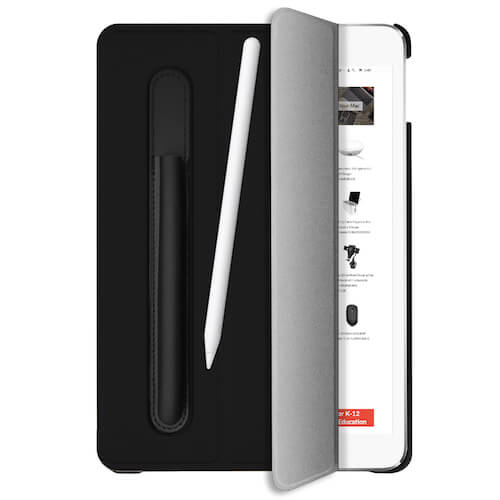 Macally Stand Pen Case - полиуретанов калъф и поставка с отделение за Apple Pencil за iPad 9 (2021), iPad 8 (2020), iPad 7 (2019) (черен)