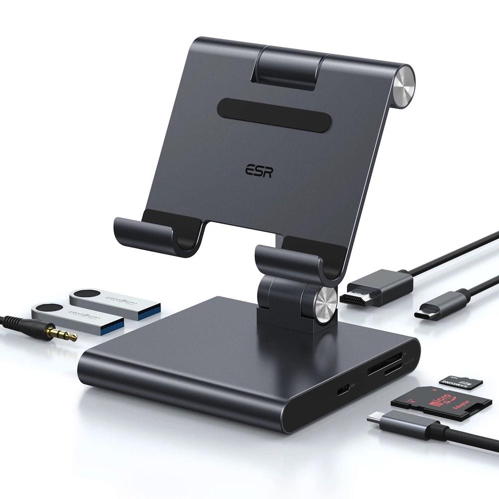 Сгъваема алуминиева поставка с вграден USB-C хъб за таблети до 12.9 инча - ESR 8in1 Universal Portable Stand USB-C Hub 100W PD (тъмносив) | JAR Computers Сгъваема алуминиева поставка с вграден USB-C хъб за таблети до 12.9 инча - ESR 8in1 Universal Portable Stand USB-C Hub 100W PD (тъмносив)