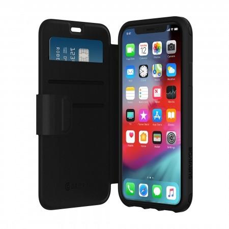 Удароустойчив хибриден кожен калъф с отделение за карти за iPhone XS, iPhone X - Griffin Survivor Strong Wallet (черен) | JAR Computers Удароустойчив хибриден кожен калъф с отделение за карти за iPhone XS, iPhone X - Griffin Survivor Strong Wallet (черен)