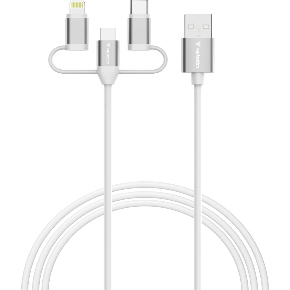 Verbatim Sync & Charge Cable 3-in-1 USB-A to Micro-B/USB-C/Lightning 18W 100cm - White | JAR Computers Verbatim Sync & Charge Cable 3-in-1 USB-A to Micro-B/USB-C/Lightning 18W 100cm - White