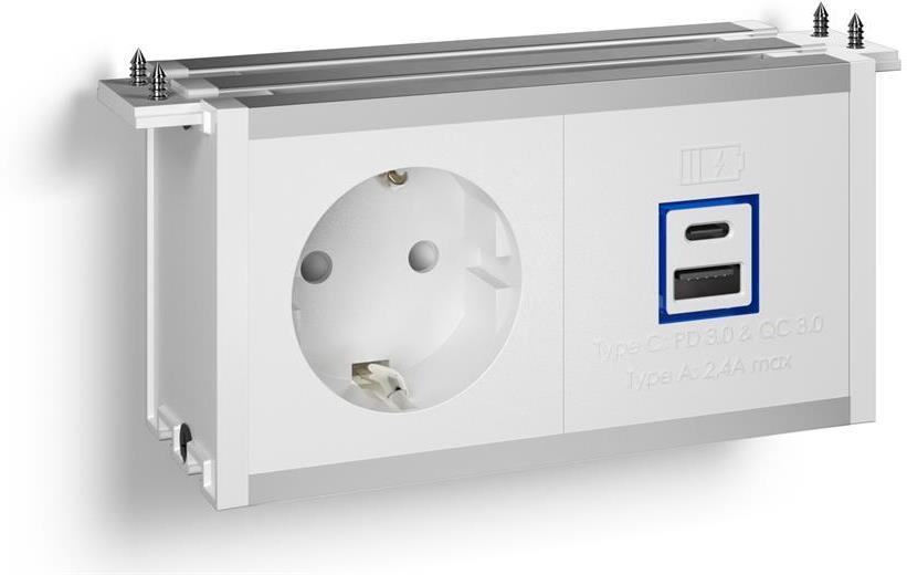 Модул Fusion 2M с 1х Шуко и USB тип A+C Power Delivery 65W, цвят Бял/Алуминий, ABL | JAR Computers Модул Fusion 2M с 1х Шуко и USB тип A+C Power Delivery 65W, цвят Бял/Алуминий, ABL