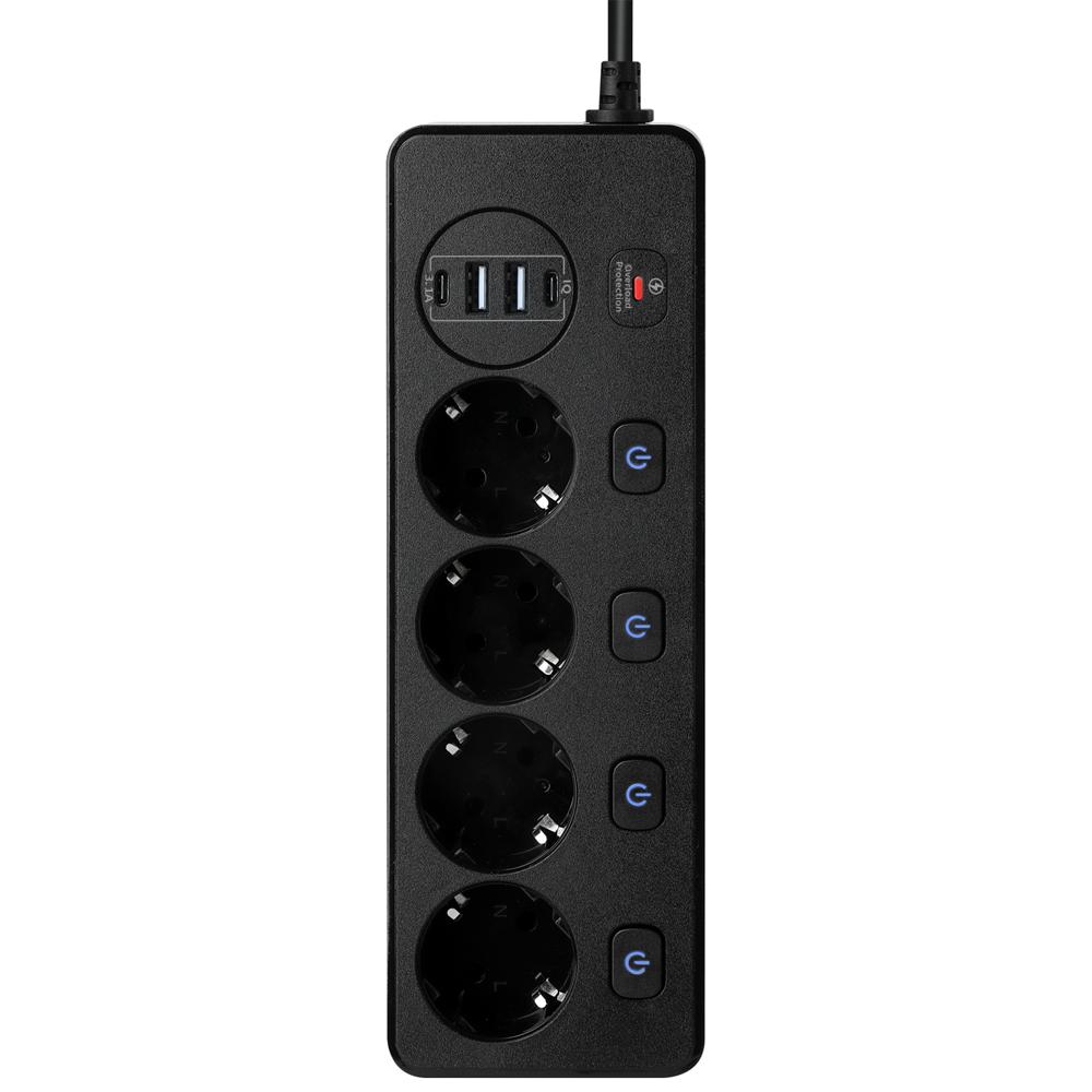 Удължител No brand, 4 гнезда, 250V, 10A, Кабел, 1.8м., 2 x USB-F, 2 x USB-C, С ключ, Черен - 17965 | JAR Computers Удължител No brand, 4 гнезда, 250V, 10A, Кабел, 1.8м., 2 x USB-F, 2 x USB-C, С ключ, Черен - 17965