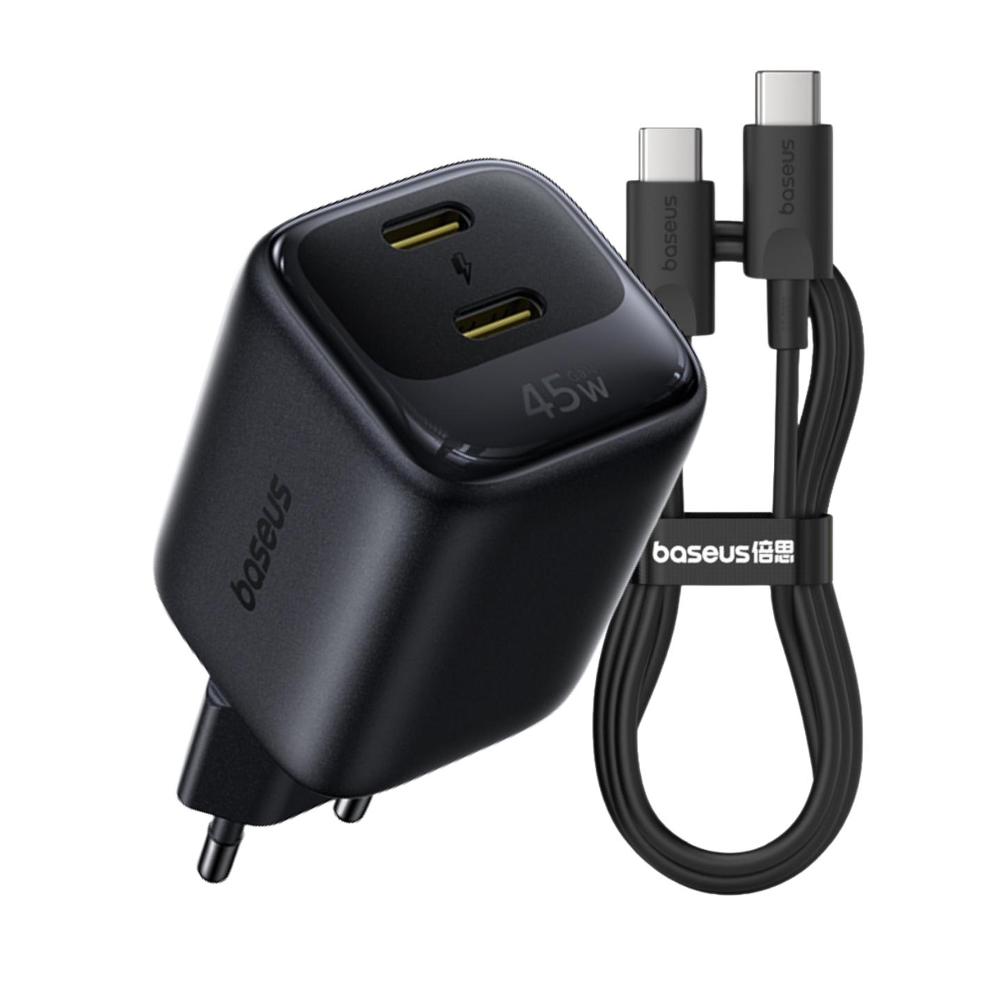 BASEUS 220V 45W, GaN6, 2 x USB-C + кабел Type-C- Type-C, EnerFill FE22 /черен/ - E0125702 | JAR Computers BASEUS 220V 45W, GaN6, 2 x USB-C + кабел Type-C- Type-C, EnerFill FE22 /черен/ - E0125702