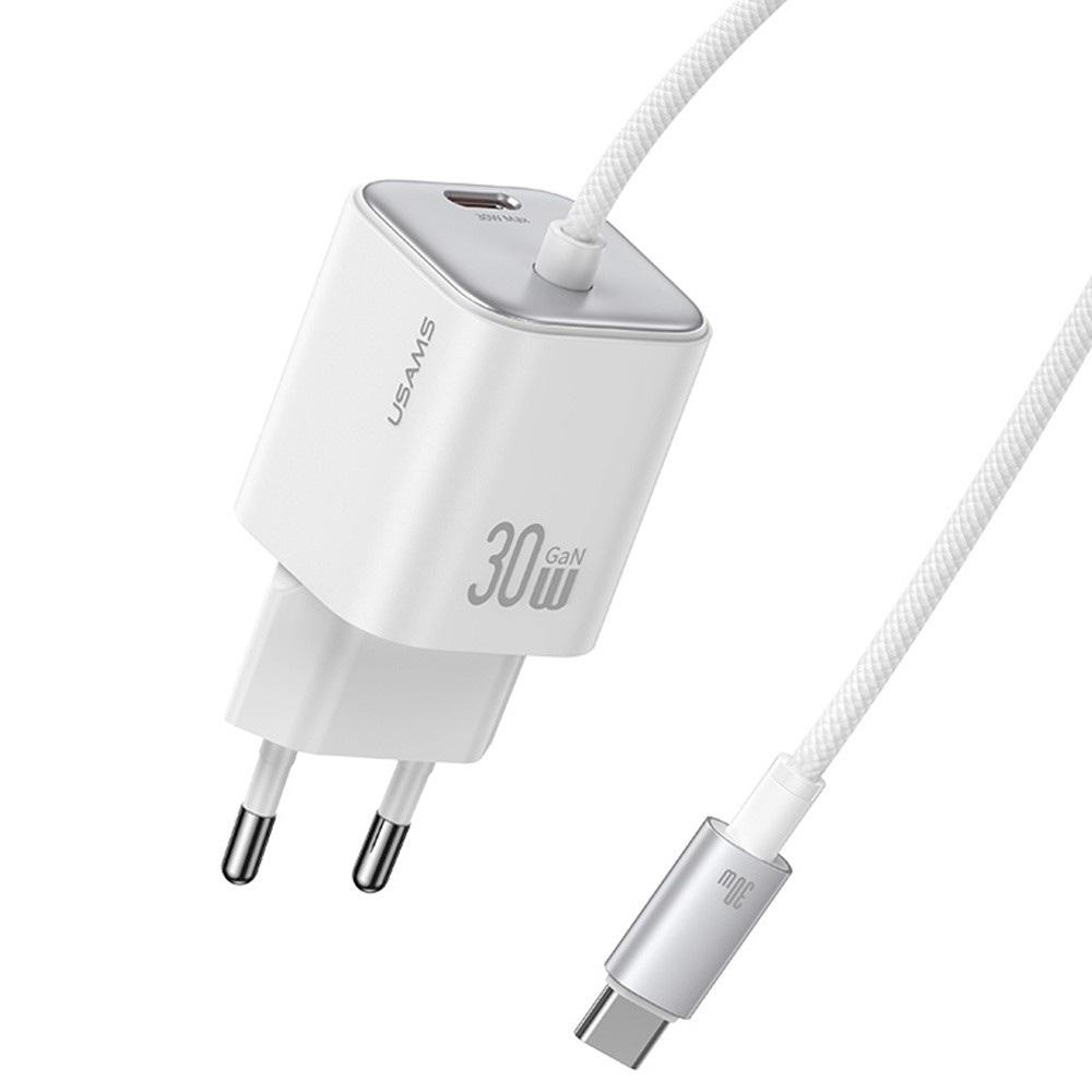 Бързо зарядно устройство USAMS CC264 30W GaN Mini Dual-port Fast Charger With Cable, бяло | JAR Computers Бързо зарядно устройство USAMS CC264 30W GaN Mini Dual-port Fast Charger With Cable, бяло