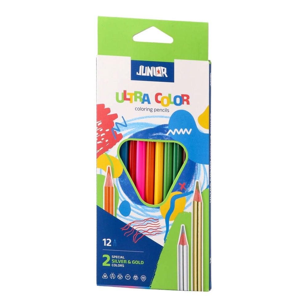 Цветни моливи Junior Ultra Color, триъгълни, 10 стандартни и 2 металикови цвята