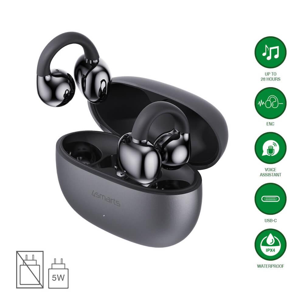 4smarts SkyBuds Clip Open-Air Conduction TWS Bluetooth Earphones - спортни безжични блутут слушалки със зареждащ кейс (тъмносив) 